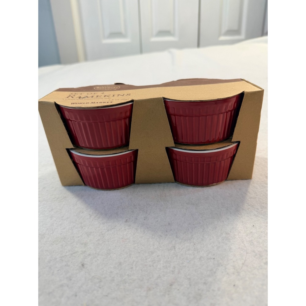 World Market Red Ceramic Ramekins Set of 4 Fluted 3.5oz Oven Microwave Safe NEW